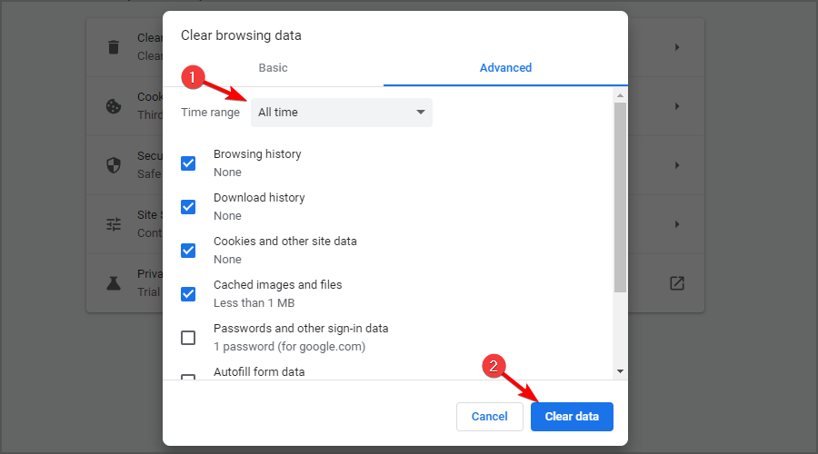 Выбор типа данных для очистки в Chrome