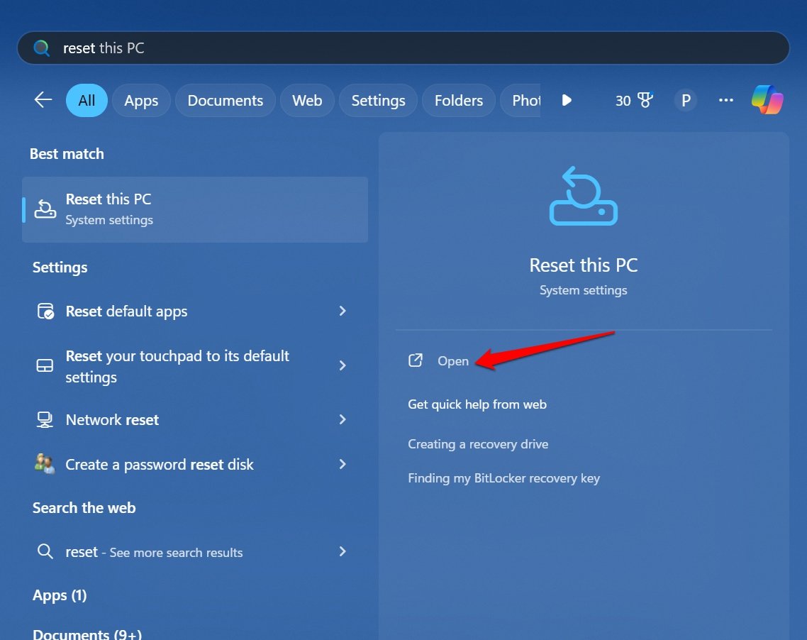 Параметр Сбросить этот компьютер в Windows 11