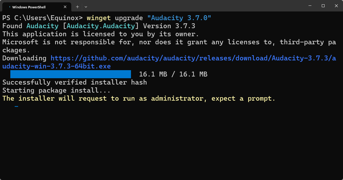 Winget устанавливает обновление Audacity в терминале.
