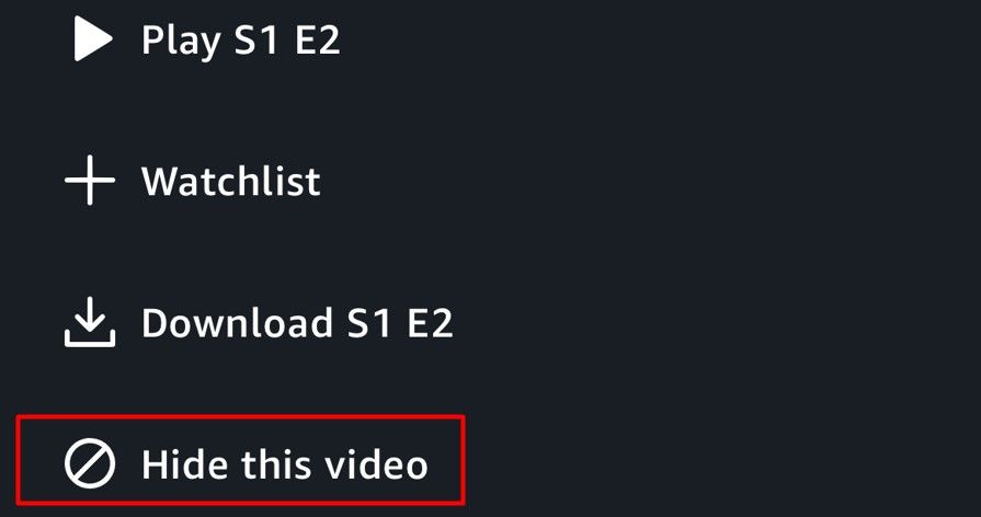 Опция Скрыть это видео в мобильном приложении Prime.