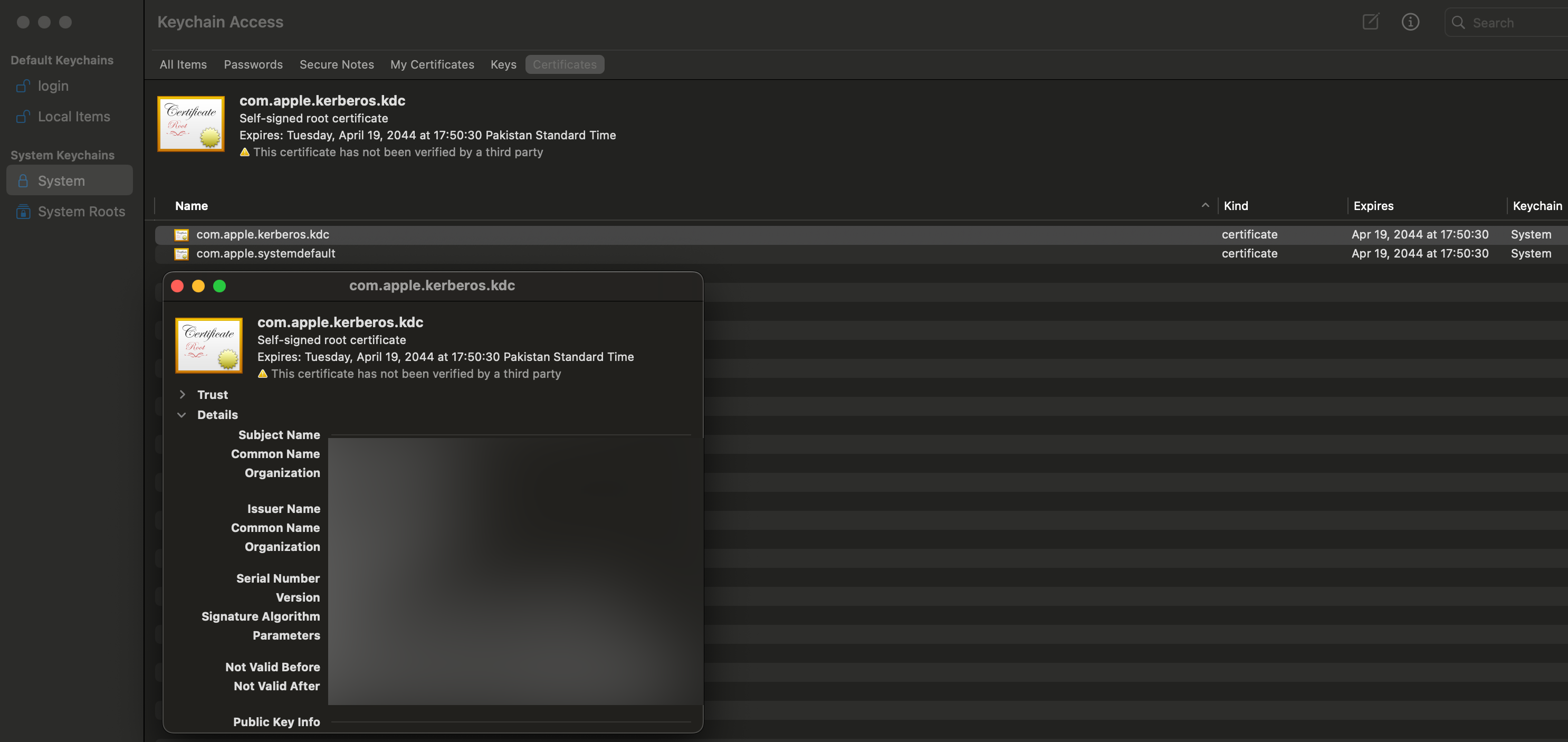 Проверка информации сертификата на MacBook Air