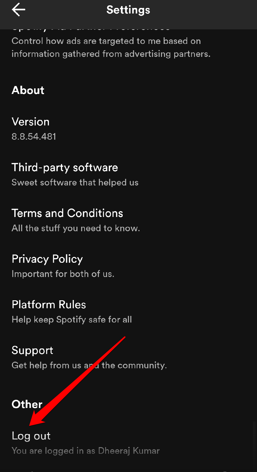 Кнопка выхода из аккаунта в настройках Spotify