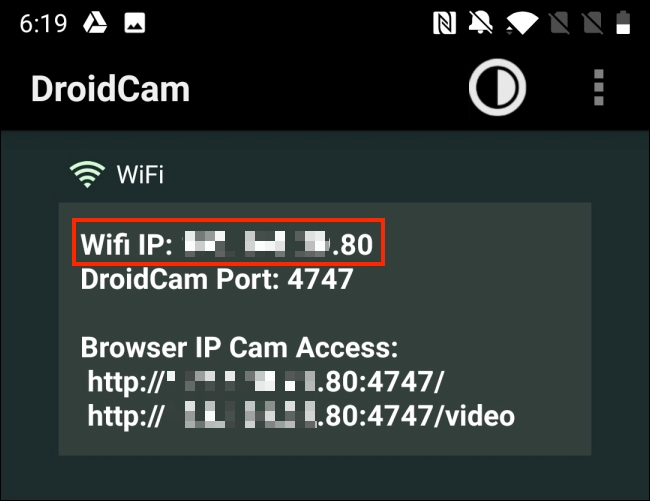 Скопируйте Wi‑Fi IP из приложения DroidCam на Android