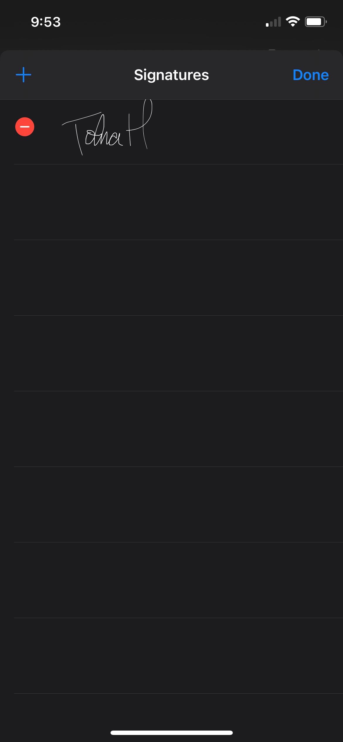 Список сохранённых подписей в разметке iPhone