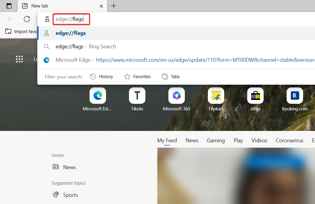 Страница флагов Edge в адресной строке