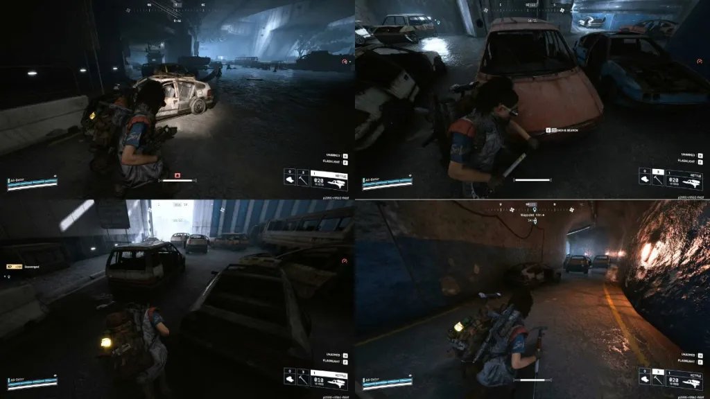 Игрок осматривает ящики с инструментами у машины