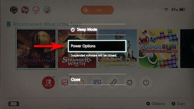 В меню Nintendo Switch выберите «Питание»