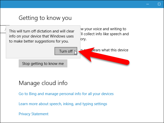 Подтверждение отключения сбора данных Cortana