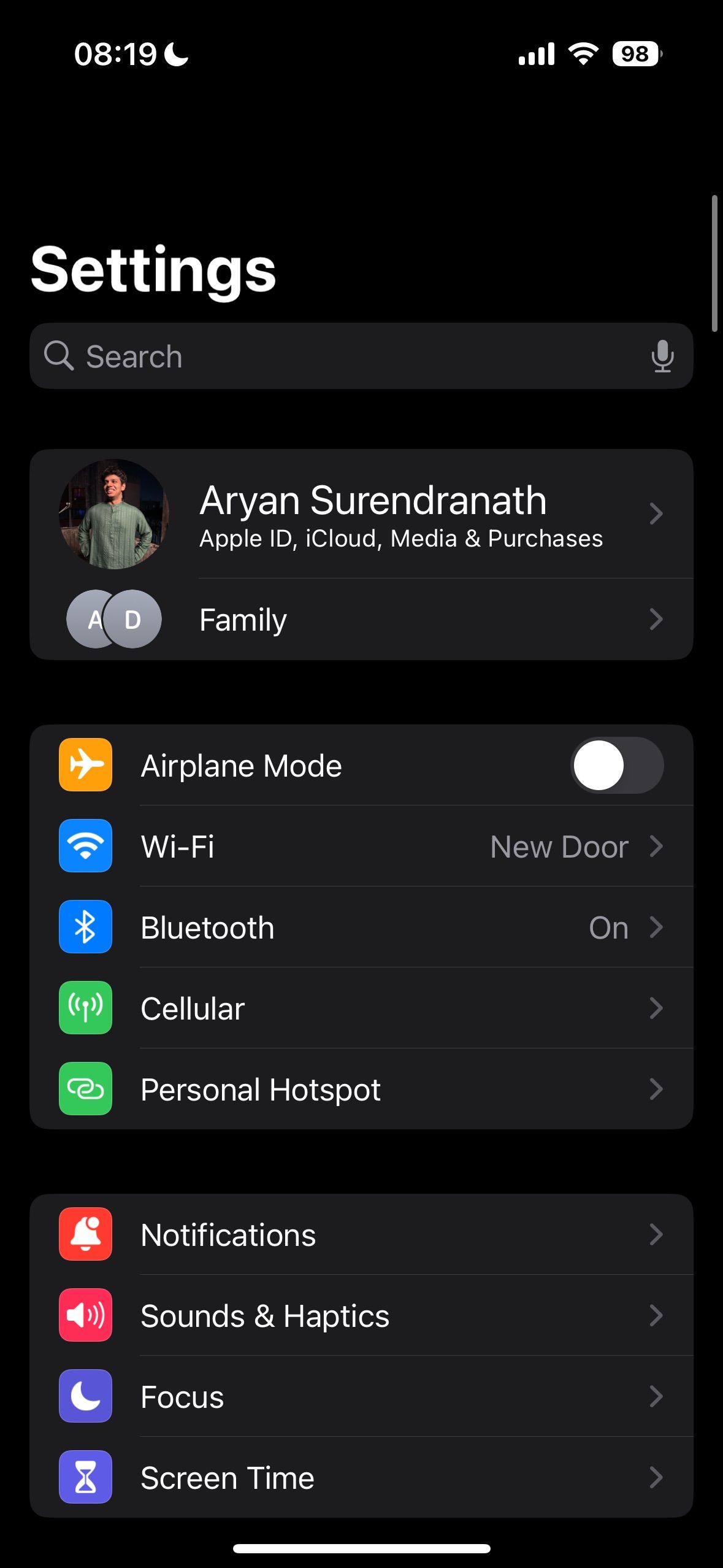 Settings menu on iPhone