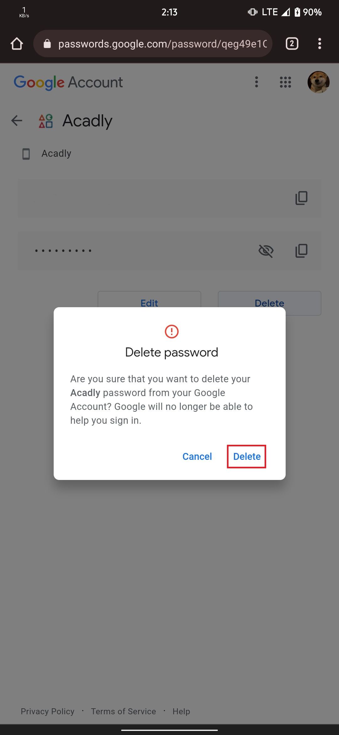 Подтверждение удаления пароля
