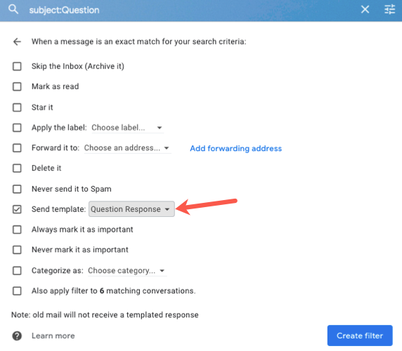 Действия фильтра в Gmail с выбором отправки шаблона