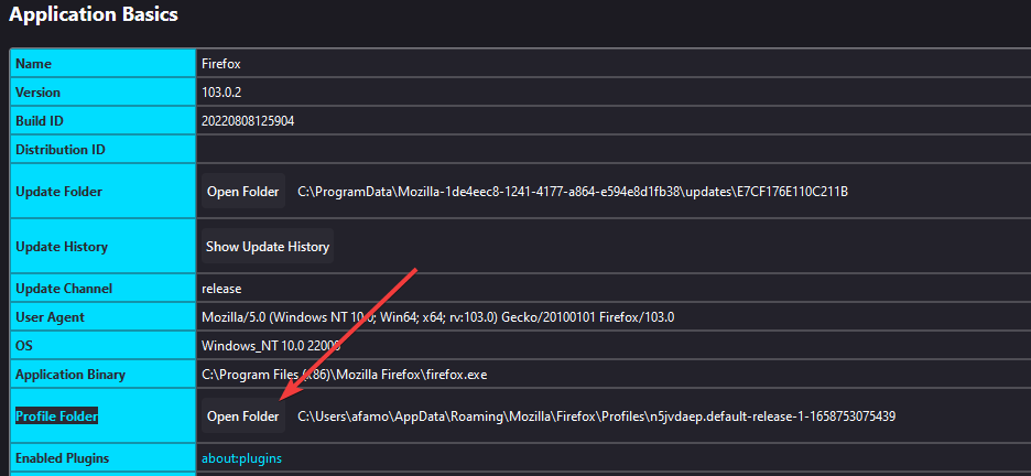 Кнопка открытия папки профиля в Firefox