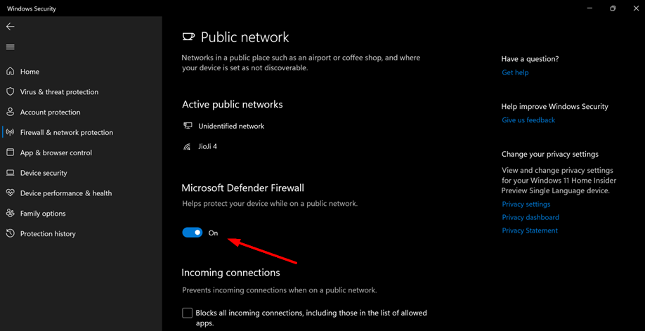 Выключение брандмауэра Microsoft Defender