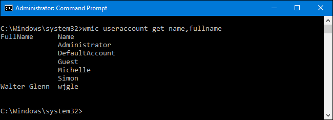 Команда wmic useraccount get name,fullname и пример вывода с указанием полных имён