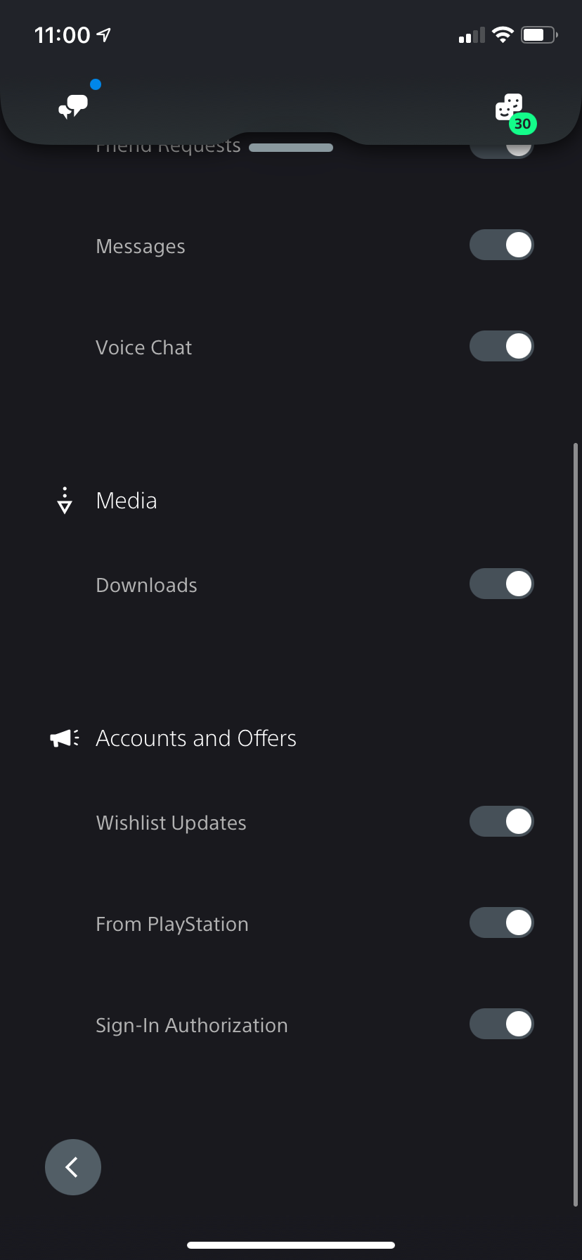 Нижняя часть экрана уведомлений приложения PlayStation