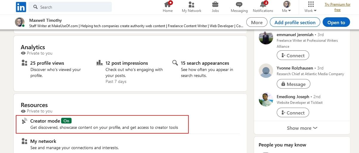 Включение режима создателя в профиле LinkedIn