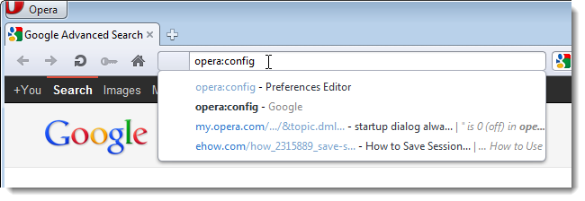 Ввод opera:config в адресную строку Opera