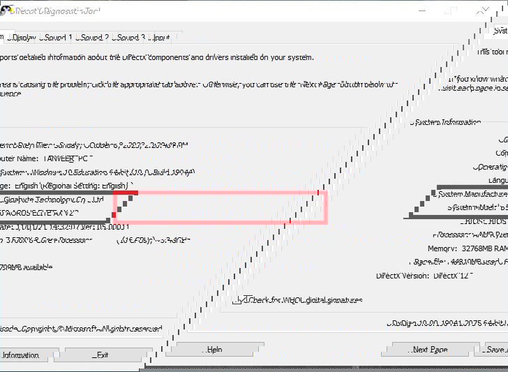 Checking motherboard information with DxDiag utility.