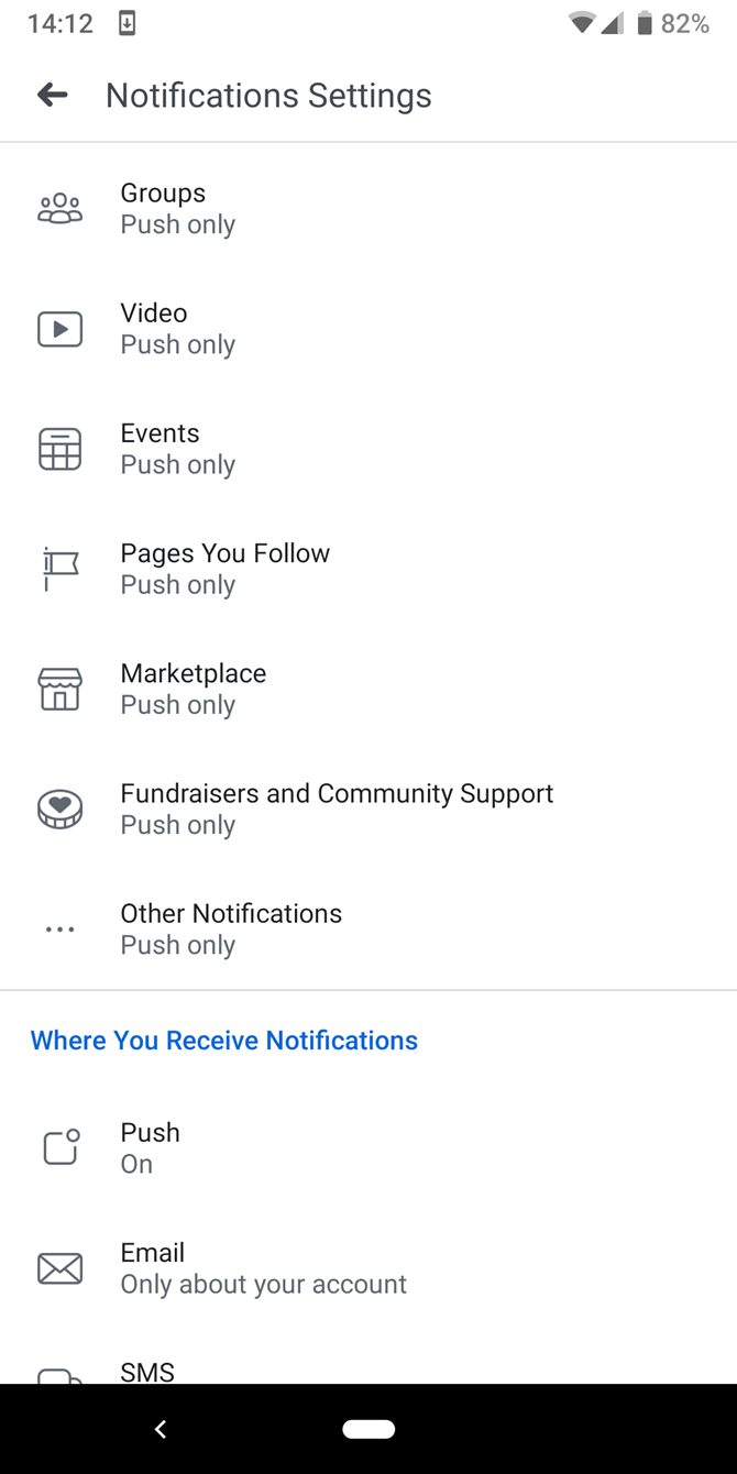 Скриншот настроек уведомлений приложения Facebook на Android