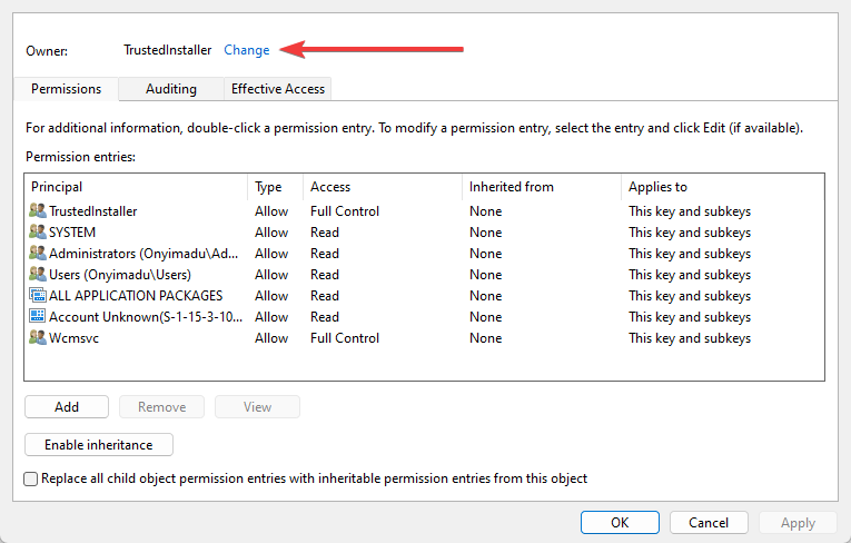 Окно Изменение владельца в разрешениях реестра