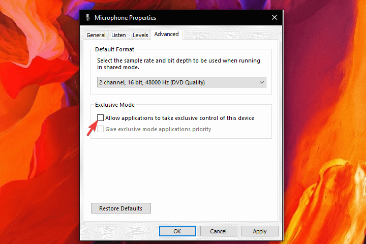 Отключение монопольного управления устройства в свойствах