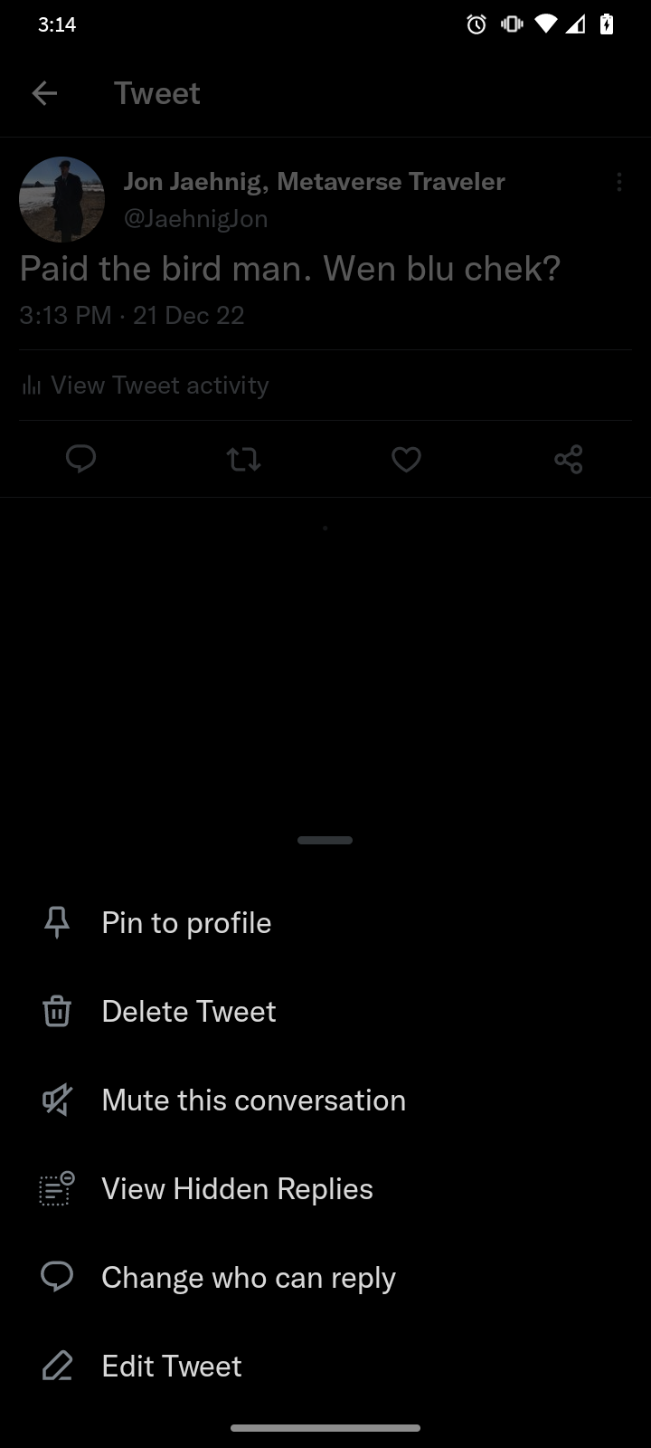 Меню взаимодействий с твитом, включая редактирование