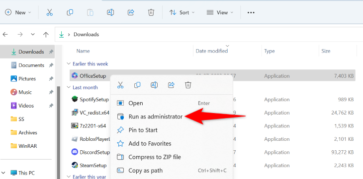 Контекстное меню с опцией 'Запуск от имени администратора' для установщика.