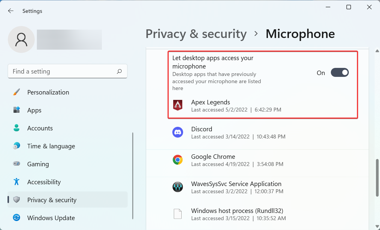 Список приложений в настройках — разрешение для Apex Legends на доступ к микрофону