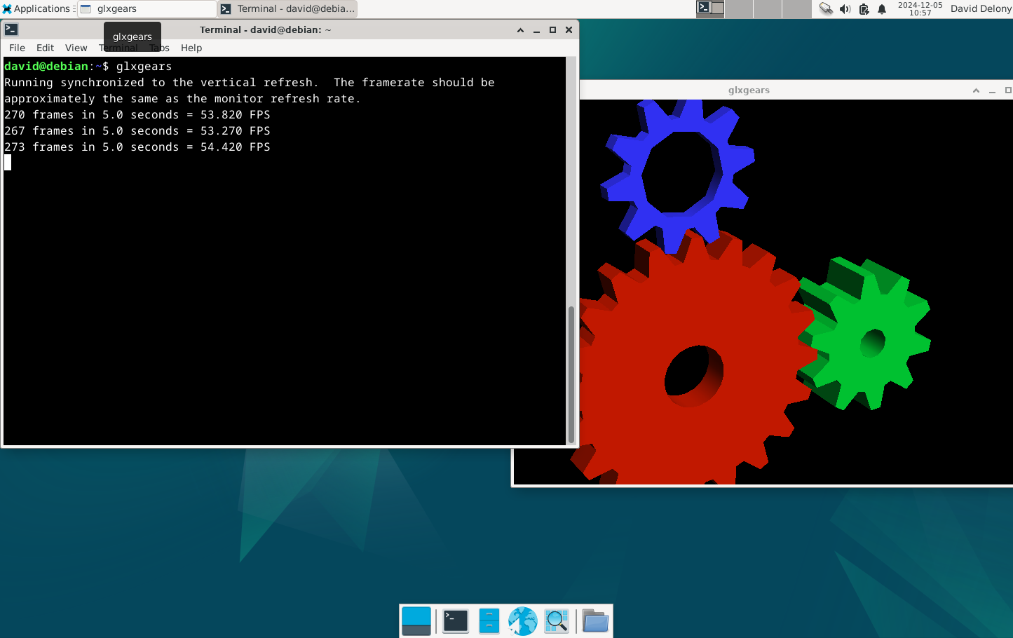 glxgears в Debian на Xfce: окно с шестерёнками и терминал с показателем FPS