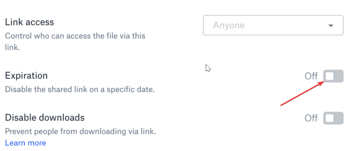 Настройки срока действия и пароля для ссылки в Dropbox