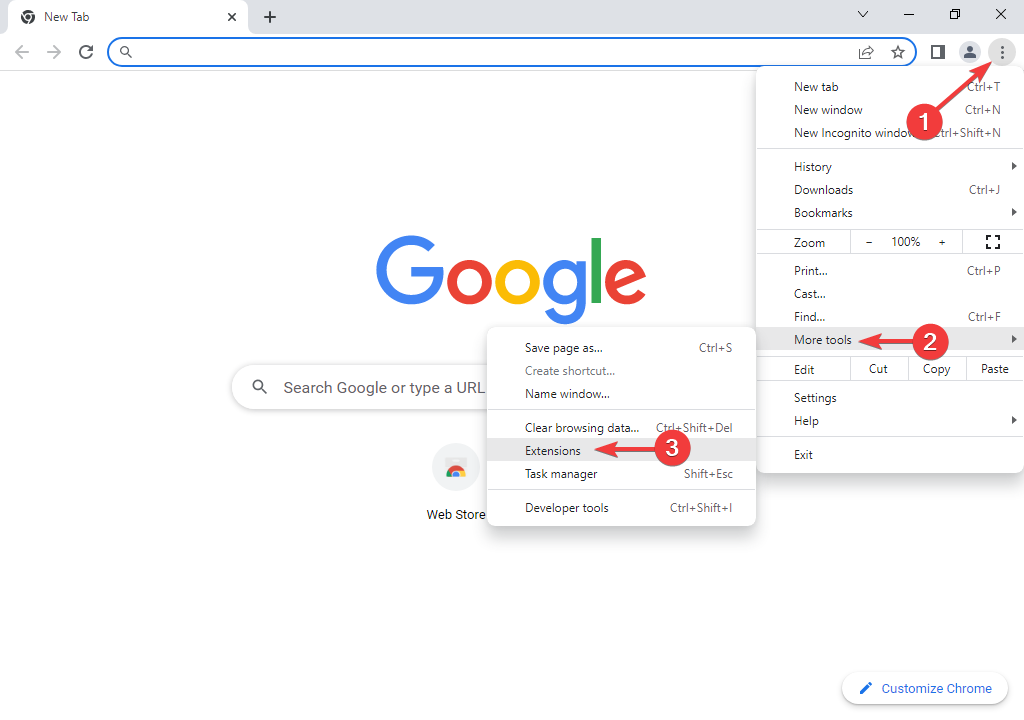 Меню 'Дополнительные инструменты' и список расширений Chrome