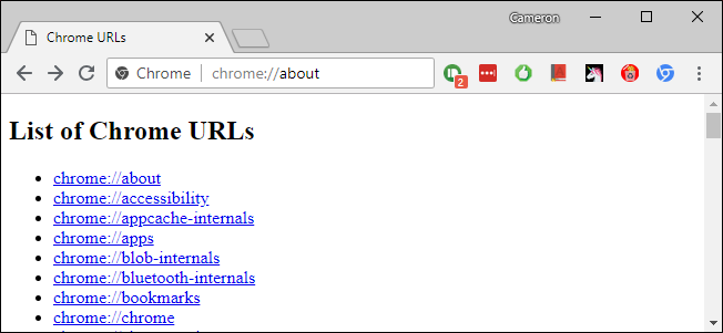 Список внутренних страниц Chrome на странице chrome://about