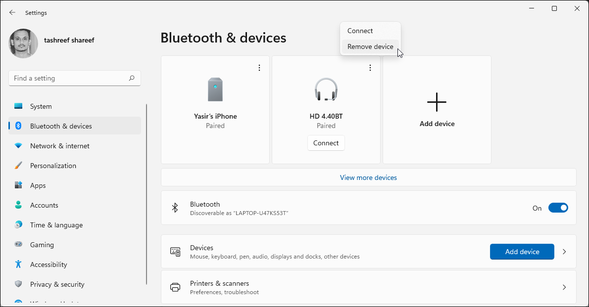 Удаление Bluetooth‑устройства в Windows 11