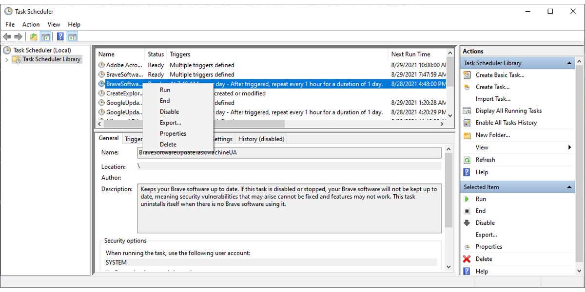 Список заданий в Планировщике заданий