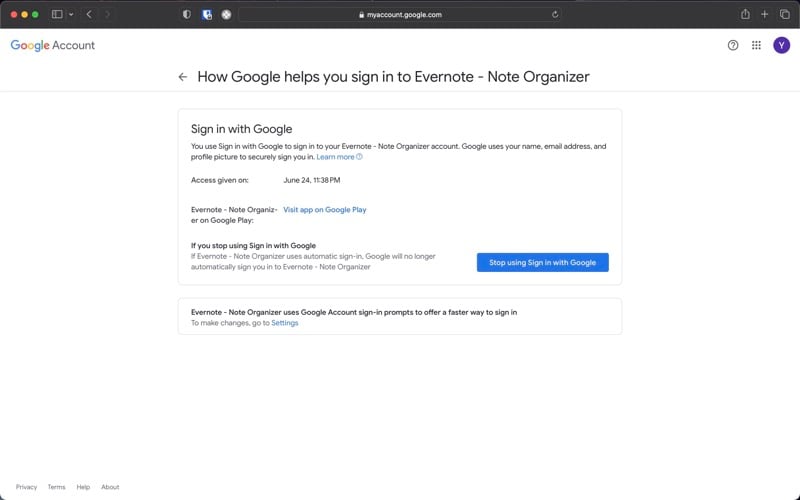 удаление доступа evernote к аккаунту google