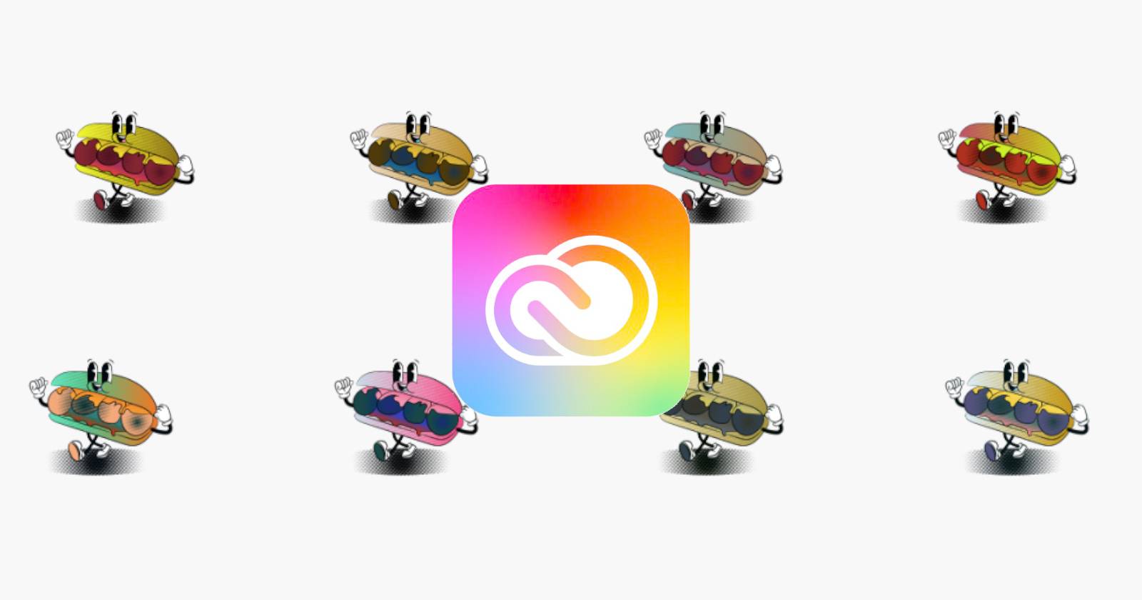 Логотип Adobe Creative Cloud на фоне разноцветных векторных сэндвичей