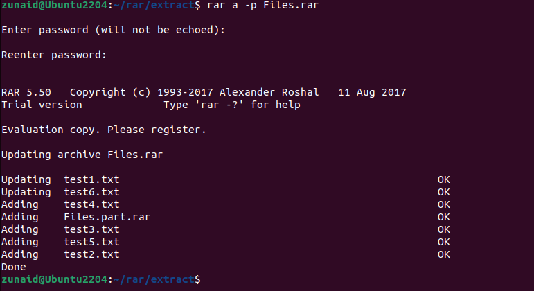 Терминал Linux, показывающий установку пароля на RAR архив