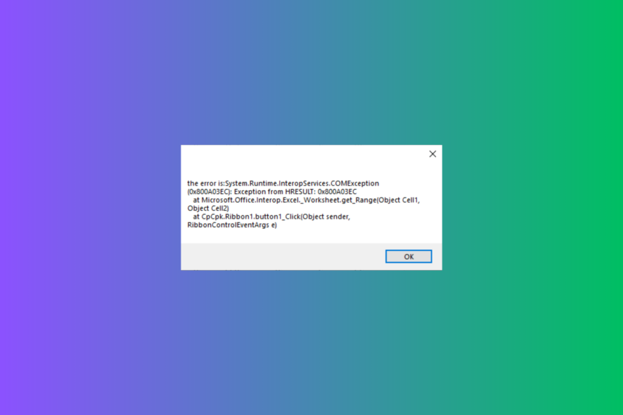 Исправление ошибки Exception 0x800a03ec в Excel