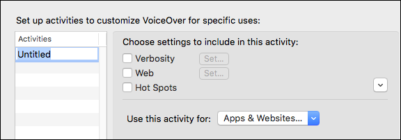 Панель настроек активностей VoiceOver
