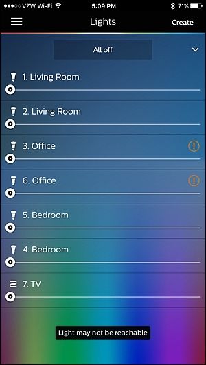 Пример лампы, отмеченной как недоступная в приложении