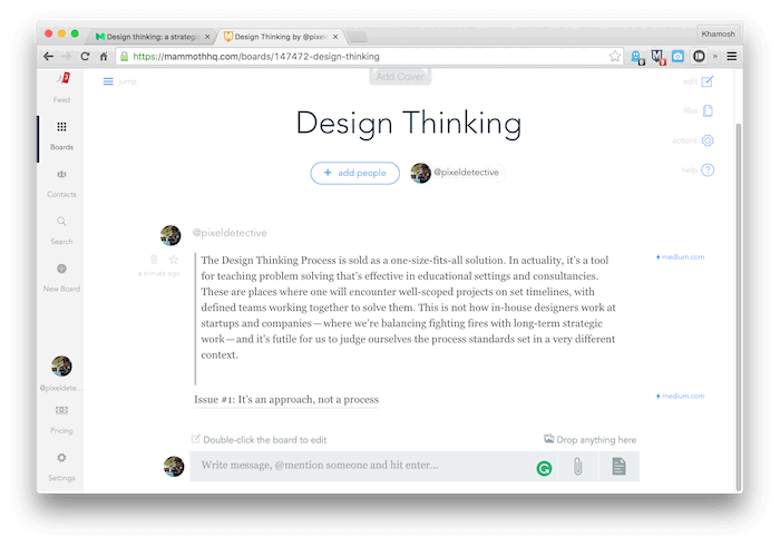 Веб-интерфейс Mammoth, где видны доски проекта и элементы для совместной работы