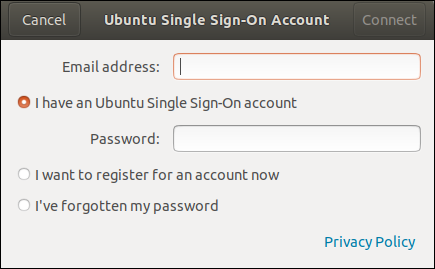 Диалог входа Single Sign On Ubuntu One