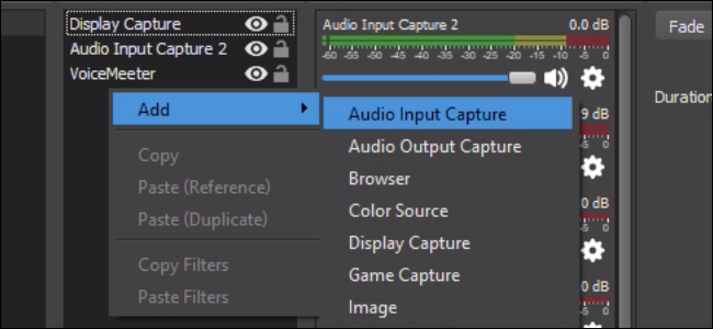 Список источников в OBS с контекстным меню добавления