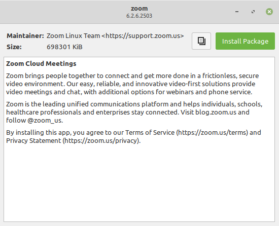 Установка Zoom в Linux Mint — окно менеджера пакетов.