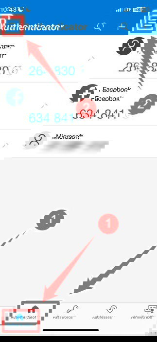 Нажатие на меню в приложении Microsoft Authenticator на iOS