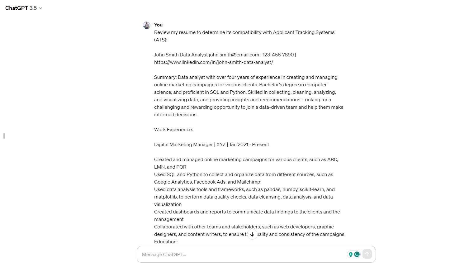 Проверка совместимости резюме с ATS в ChatGPT