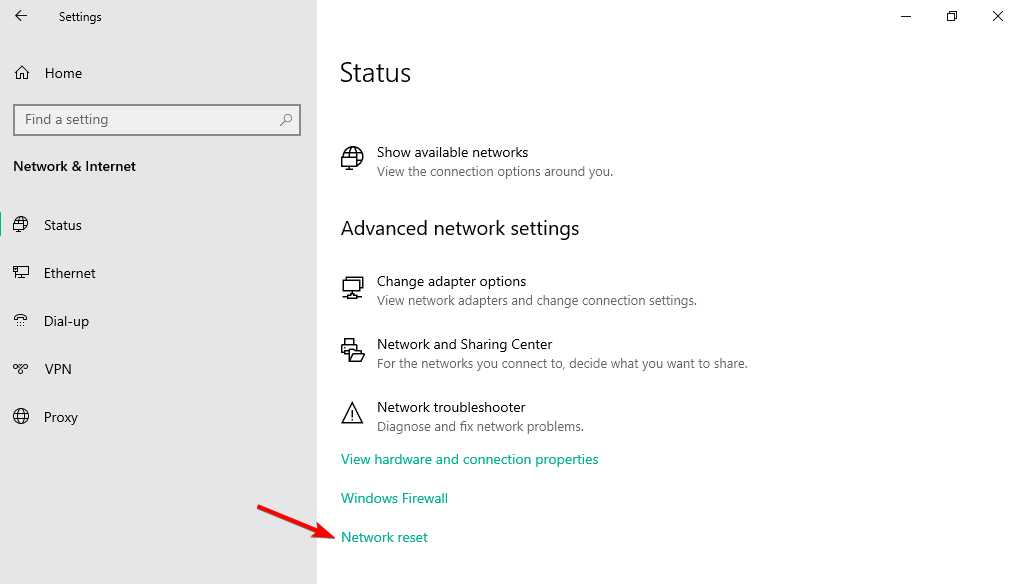 Опция Сброс сети в Windows