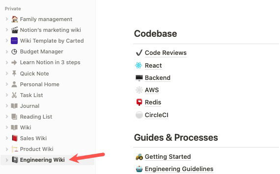 Шаблон Engineering Wiki в боковой панели Notion