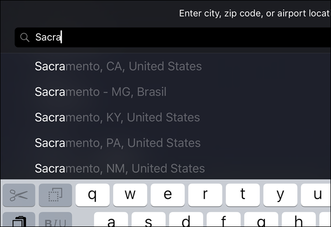 Поле для ввода названия города в приложении Погода