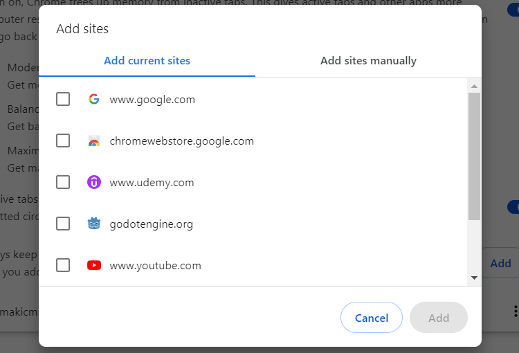 Окно добавления сайтов в исключения Memory Saver.